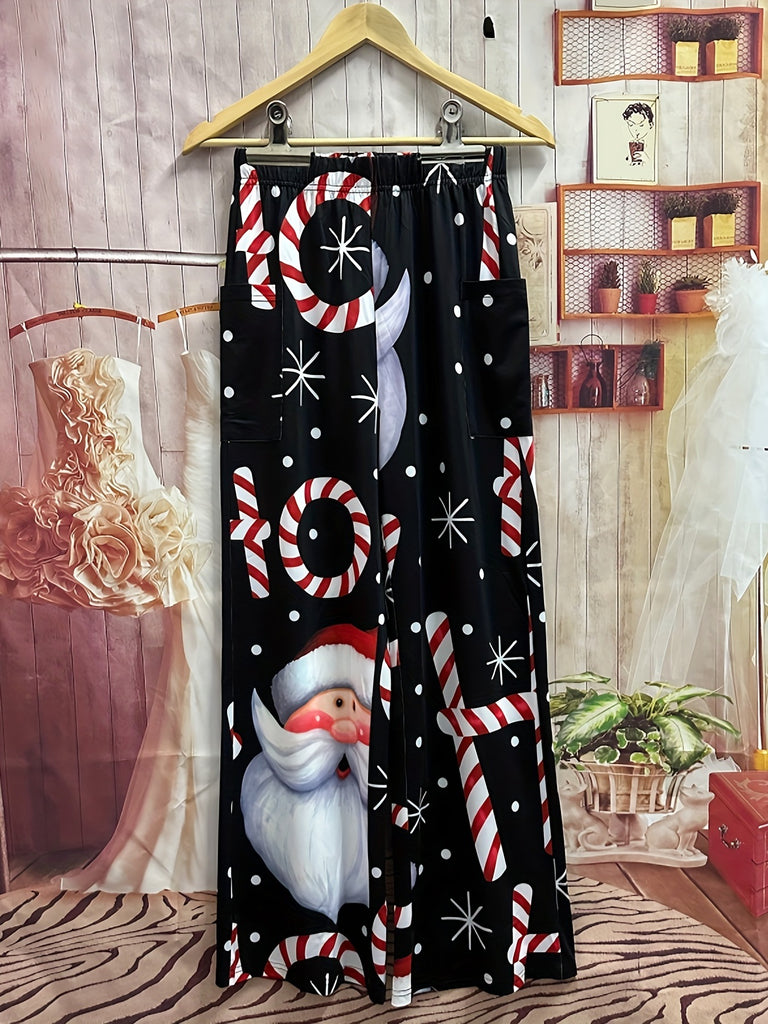 Christmas Graphic Print Straight Leg Pants, Casual Pocket Elastic Waist Pants, Women's Clothing