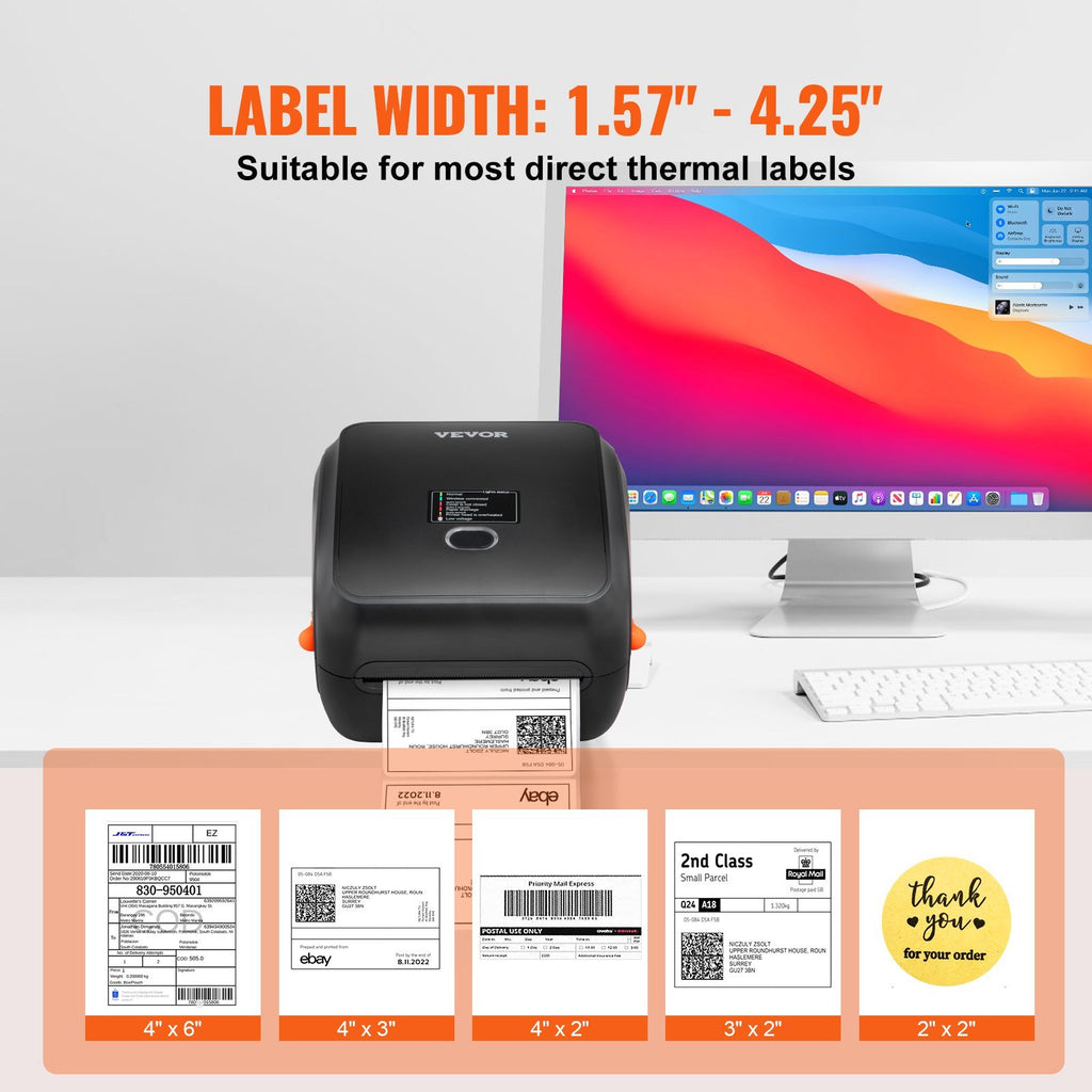 VEVOR Direct Bluetooth Thermal Label Printer HD(300DPI), All in One BT-USB Cable Dual-use Shipping Label Printer w/Automatic Label Recognition, Support Windows/MacOS/Linux/Chromebook/Android/iOS