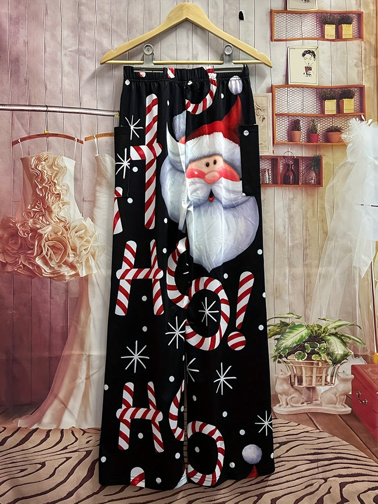 Christmas Graphic Print Straight Leg Pants, Casual Pocket Elastic Waist Pants, Women's Clothing