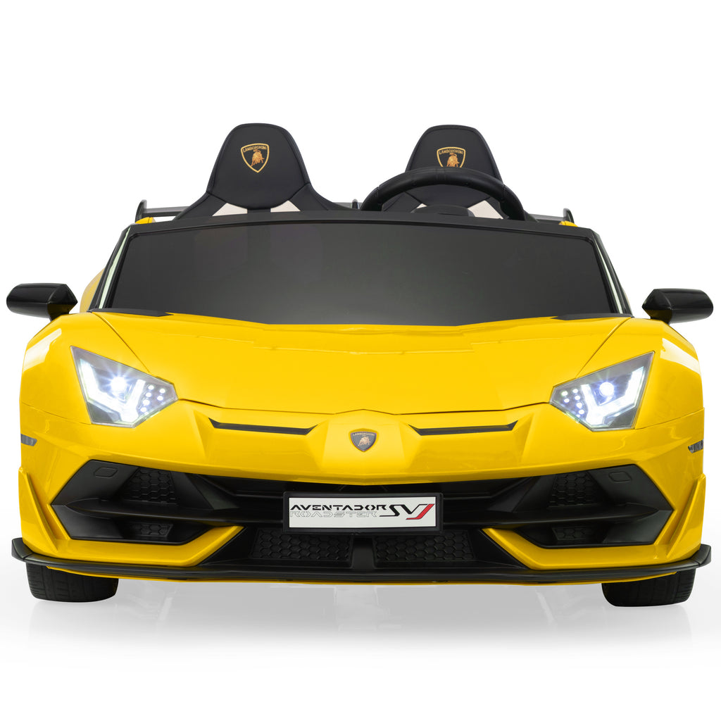 Licensed Lamborghini 24V Kids Ride On Electric Cars, Battery Powered Drifting Car with Double PU Seats, Remote Control, High-Low Speed, LED Lights, MP3, USB, Toy Gift for 3-8 Years Old, Yellow