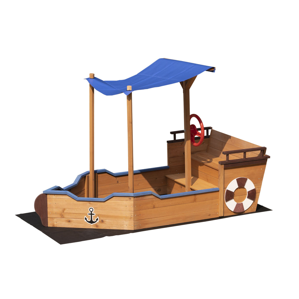 Outsunny Pirate Ship Sandbox with Cover and Rudder, Wooden Sandbox with Storage Bench and Seat, Outdoor Toy for Kids Ages 3-8 Years Old