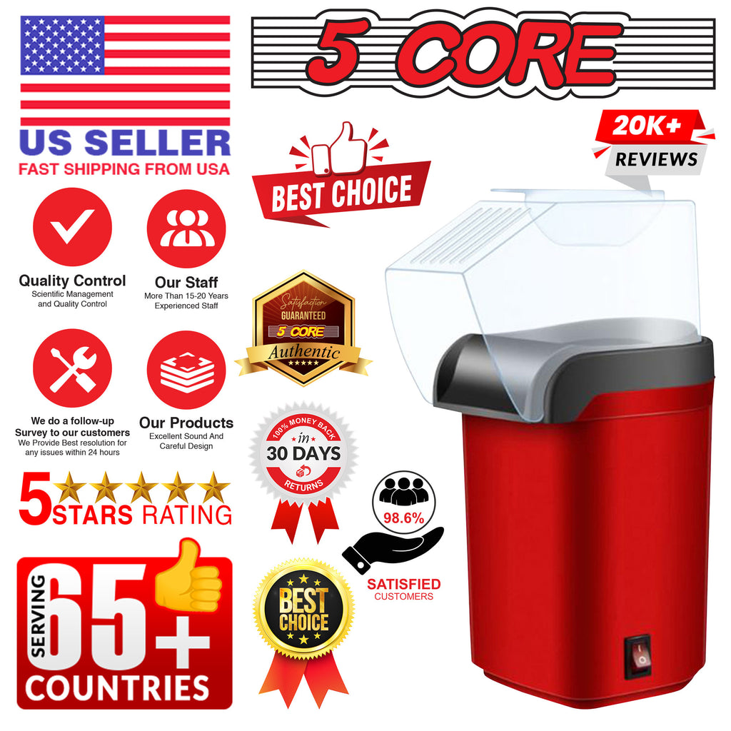 5 Core Hot Air Popcorn Popper Machine 1200W Electric Popcorn Kernel Corn Maker Bpa Free, 95% Popping Rate, 2 Minutes Fast, No Oil-Healthy Snack for Kids Adults, Home, Party, Gift POP