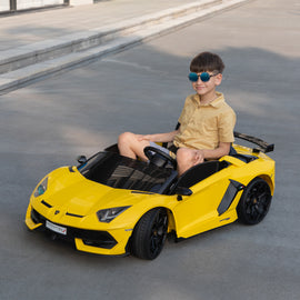 Licensed Lamborghini 24V Kids Ride On Electric Cars, Battery Powered Drifting Car with Double PU Seats, Remote Control, High-Low Speed, LED Lights, MP3, USB, Toy Gift for 3-8 Years Old, Yellow