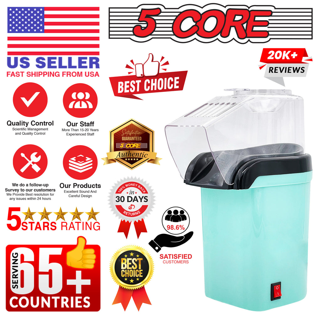 5 Core Hot Air Popcorn Popper Machine 1200W Electric Popcorn Kernel Corn Maker Bpa Free, 95% Popping Rate, 2 Minutes Fast, No Oil-Healthy Snack for Kids Adults, Home, Party, Gift POP