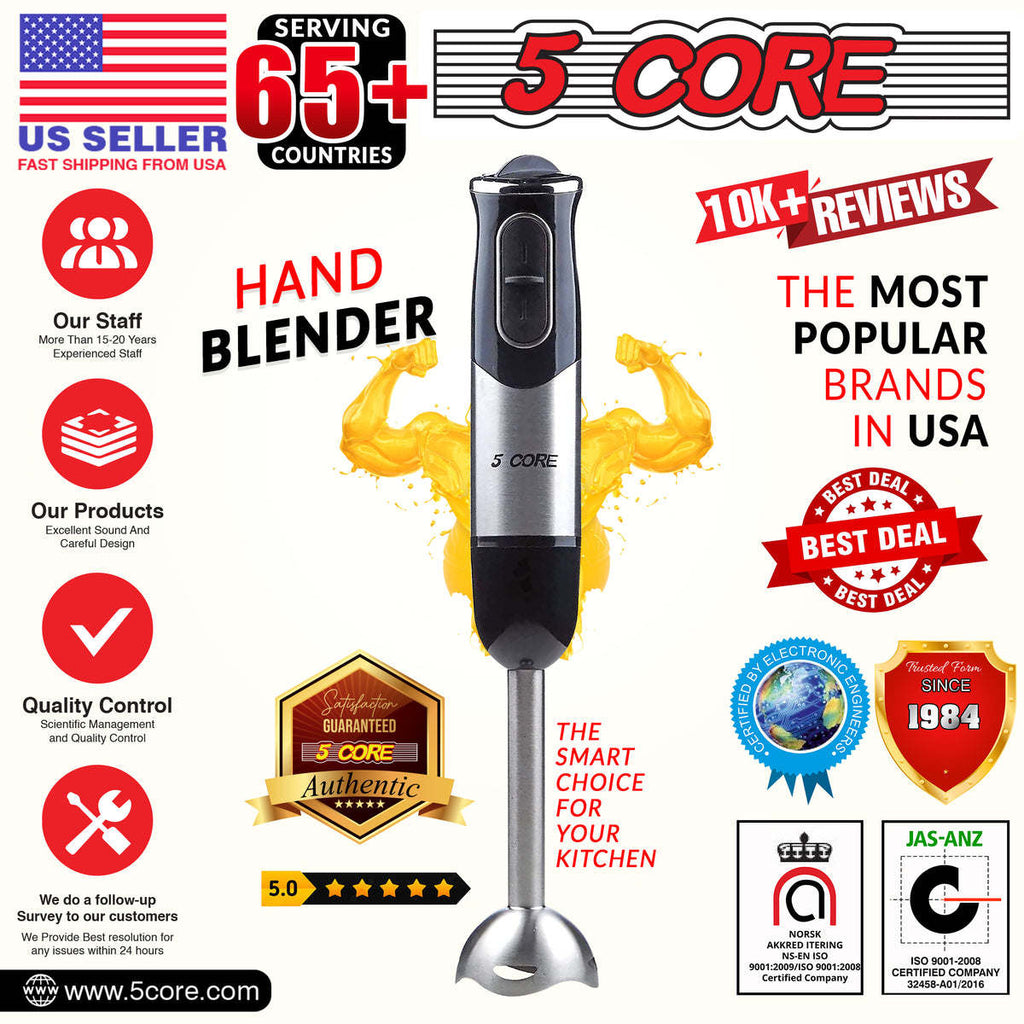 5 Core Handheld Blender, Electric Hand Blender 8-Speed 500W, Immersion Hand Held Blender Stick with Food Grade Stainless Steel Blades for Perfect Smoothies, Puree Baby Food & Soup - HB 1510