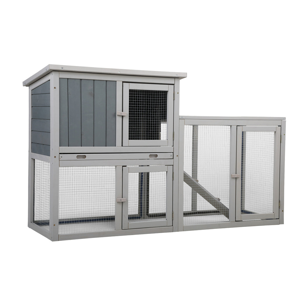 Wooden Rabbit Hutch Chicken Coop with 1 Removable Tray and 3 Lockable Doors for Indoor and Outdoor Use, Gray+White XH