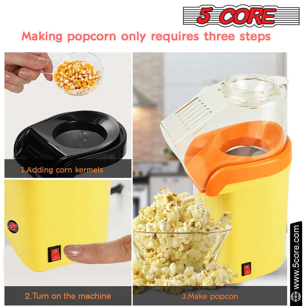 5 Core Hot Air Popcorn Popper Machine 1200W Electric Popcorn Kernel Corn Maker Bpa Free, 95% Popping Rate, 2 Minutes Fast, No Oil-Healthy Snack for Kids Adults, Home, Party, Gift POP