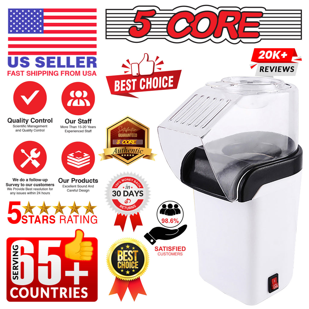 5 Core Hot Air Popcorn Popper Machine 1200W Electric Popcorn Kernel Corn Maker Bpa Free, 95% Popping Rate, 2 Minutes Fast, No Oil-Healthy Snack for Kids Adults, Home, Party, Gift POP