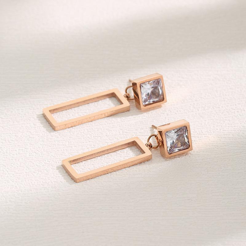 Japan and South Korea simple rhinestone rectangular pendant female new titanium steel earrings earrings personality temperament earrings with ear jewelry