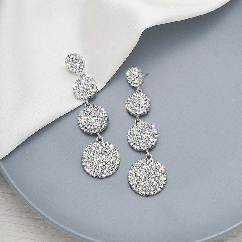 Four Round Full Rhinestone Drop Earrings for Women Big