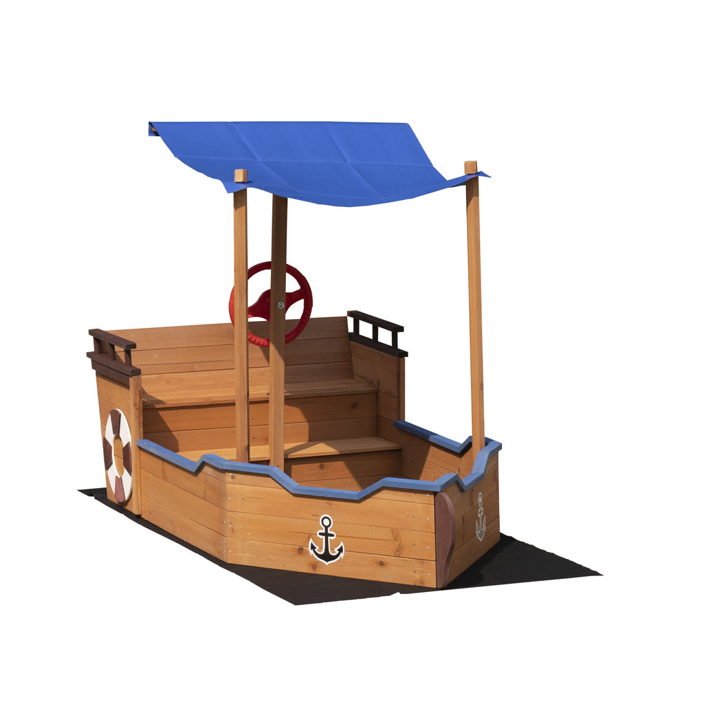 Outsunny Pirate Ship Sandbox with Cover and Rudder, Wooden Sandbox with Storage Bench and Seat, Outdoor Toy for Kids Ages 3-8 Years Old