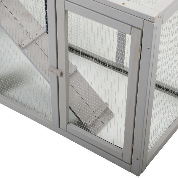 Wooden Rabbit Hutch Chicken Coop with 1 Removable Tray and 3 Lockable Doors for Indoor and Outdoor Use, Gray+White XH