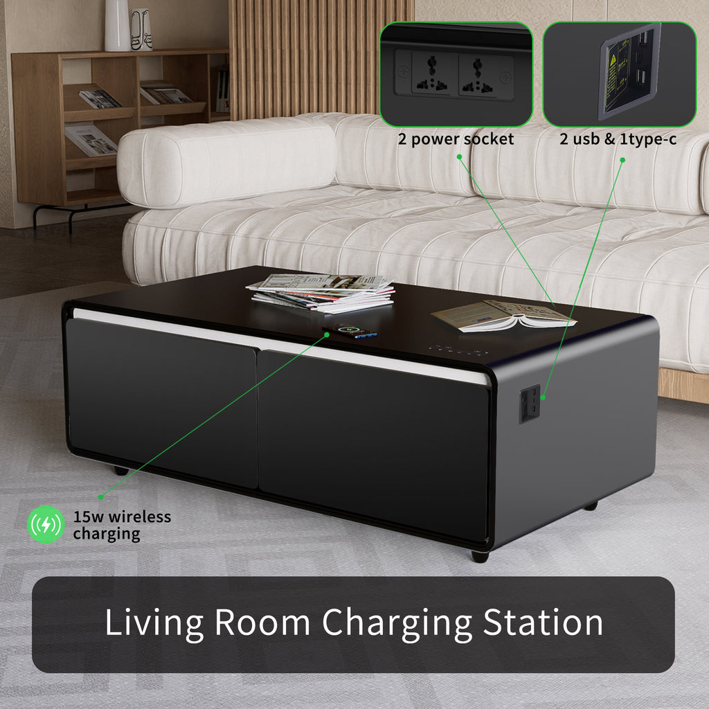 Modern Smart Coffee Table with Built-in Fridge, Bluetooth Speaker, Wireless Charging, Touch Control Panel, Power Socket, USB Interface, Outlet Protection, Atmosphere light