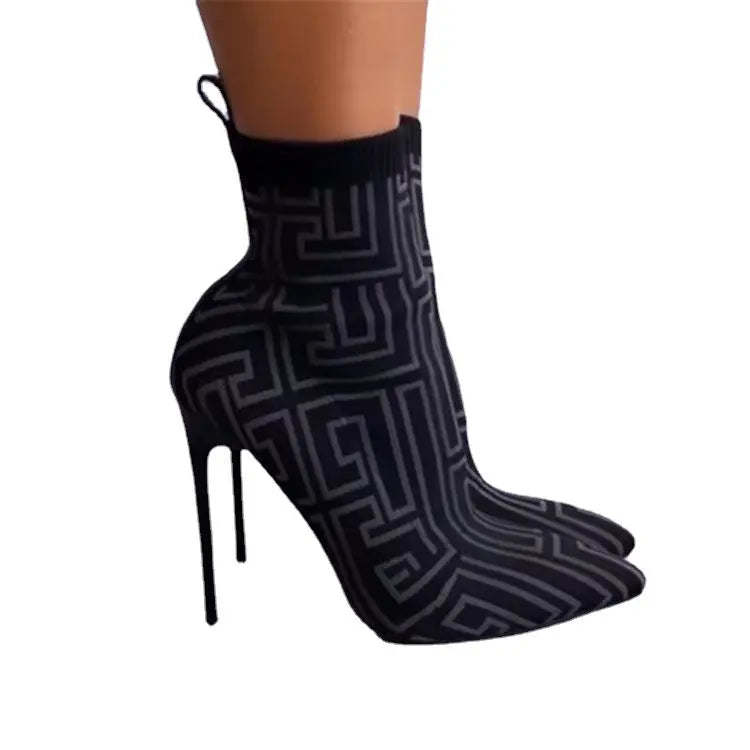 Fashion Ankle Boots Women Thigh High Heel Boots Pointed Toe Print Shoes