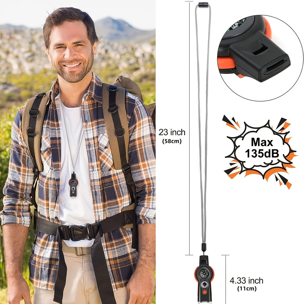 7-in-1 Multifunctional Outdoor Emergency Survival Whistle With Lanyard For Kayaking; Boating; Hiking; Camping; Climbing; Hunting; Fishing; Rescue Signaling