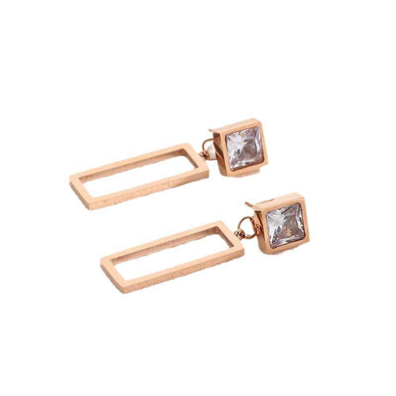 Japan and South Korea simple rhinestone rectangular pendant female new titanium steel earrings earrings personality temperament earrings with ear jewelry