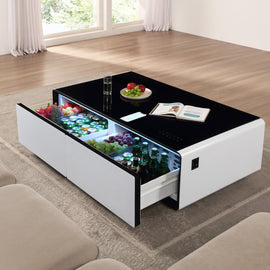 Modern Smart Coffee Table with Built-in Fridge, Bluetooth Speaker, Wireless Charging, Touch Control Panel, Power Socket, USB Interface, Outlet Protection, Atmosphere light