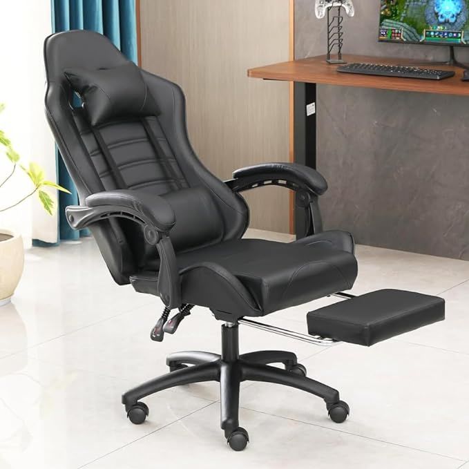 Ergonomic Gaming Chair for Adults, Comfortable Computer Chair for Heavy People, Adjustable Height Office Desk Chair with Wheels, Breathable Leather Video Game Chairs