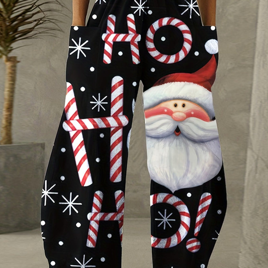 Christmas Graphic Print Straight Leg Pants, Casual Pocket Elastic Waist Pants, Women's Clothing