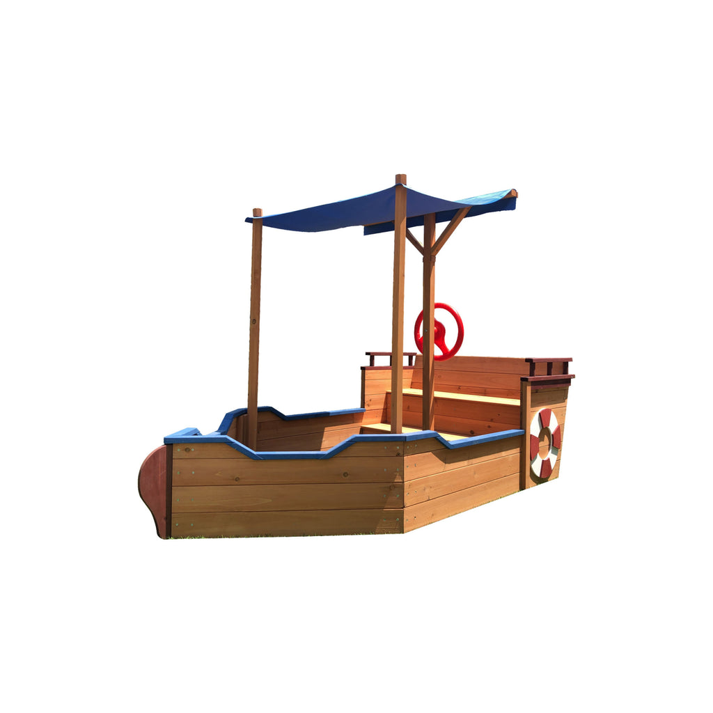 Outsunny Pirate Ship Sandbox with Cover and Rudder, Wooden Sandbox with Storage Bench and Seat, Outdoor Toy for Kids Ages 3-8 Years Old