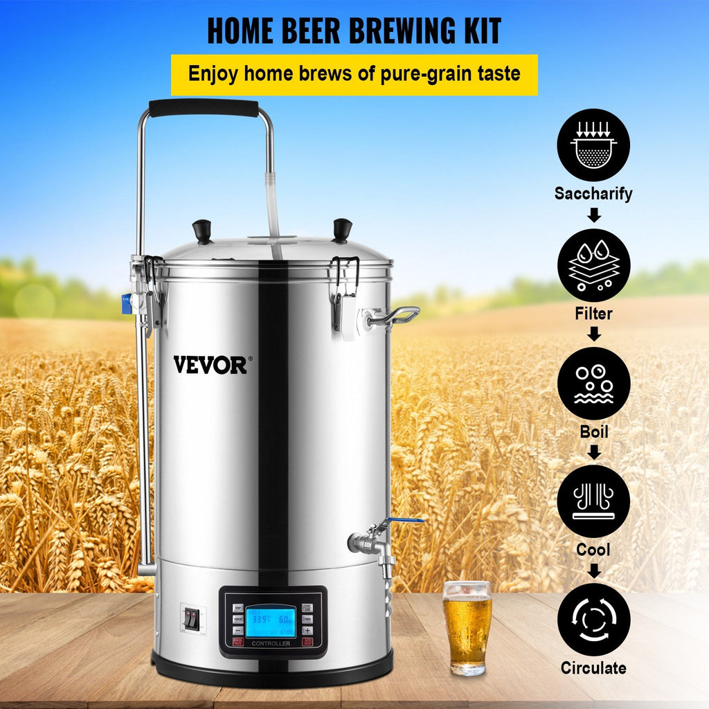 VEVOR Electric Brewing System, 9.2 Gal/35 L Brewing Pot, All-in-One Home Beer Brewer w/Pump, Mash Boil Device w/Panel, Auto/Manual Mode 100-1800W Power