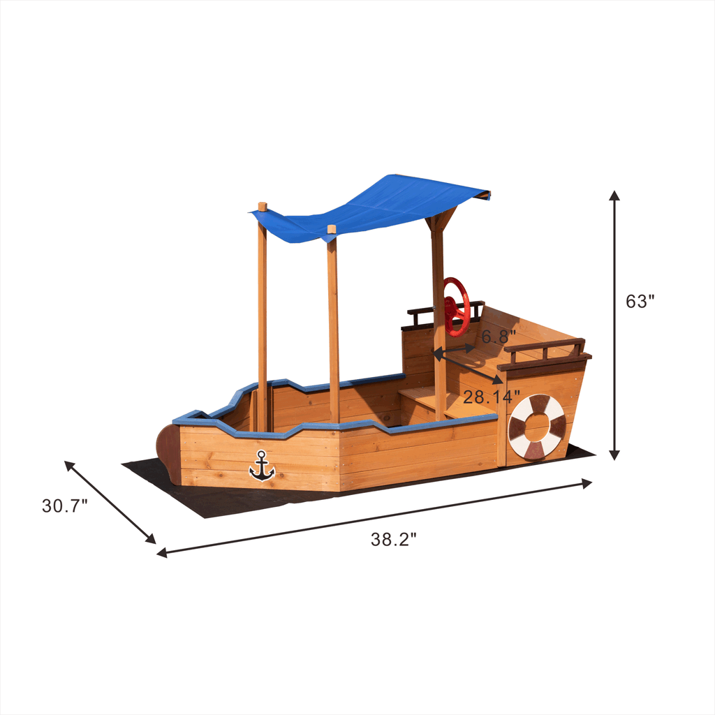 Outsunny Pirate Ship Sandbox with Cover and Rudder, Wooden Sandbox with Storage Bench and Seat, Outdoor Toy for Kids Ages 3-8 Years Old