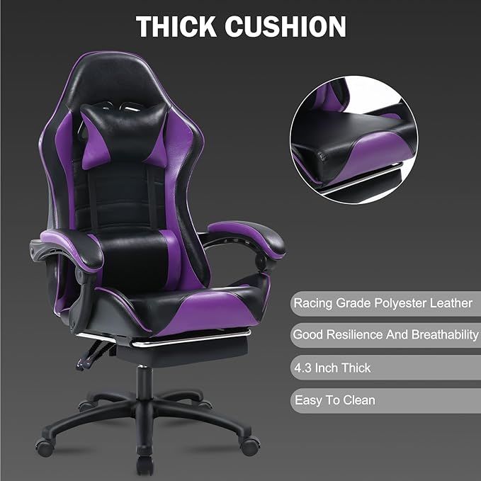 Ergonomic Gaming Chair for Adults, Comfortable Computer Chair for Heavy People, Adjustable Height Office Desk Chair with Wheels, Breathable Leather Video Game Chairs