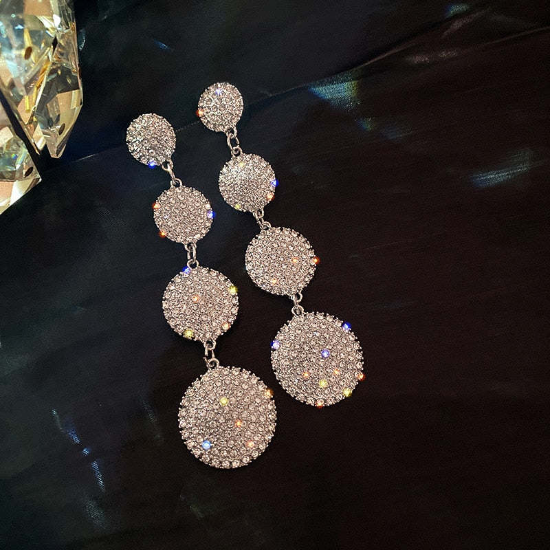 Four Round Full Rhinestone Drop Earrings for Women Big