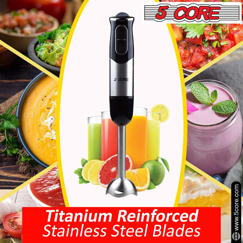 5 Core Handheld Blender, Electric Hand Blender 8-Speed 500W, Immersion Hand Held Blender Stick with Food Grade Stainless Steel Blades for Perfect Smoothies, Puree Baby Food & Soup - HB 1510