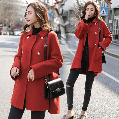 Fashion Women&#39;s Woolen Coat Maple Leaf Red Elegant Lady Jacket