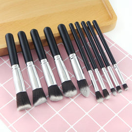 Mini Makeup Brushes Set for Travel - Synthetic, 10 Pieces, Black/Silver