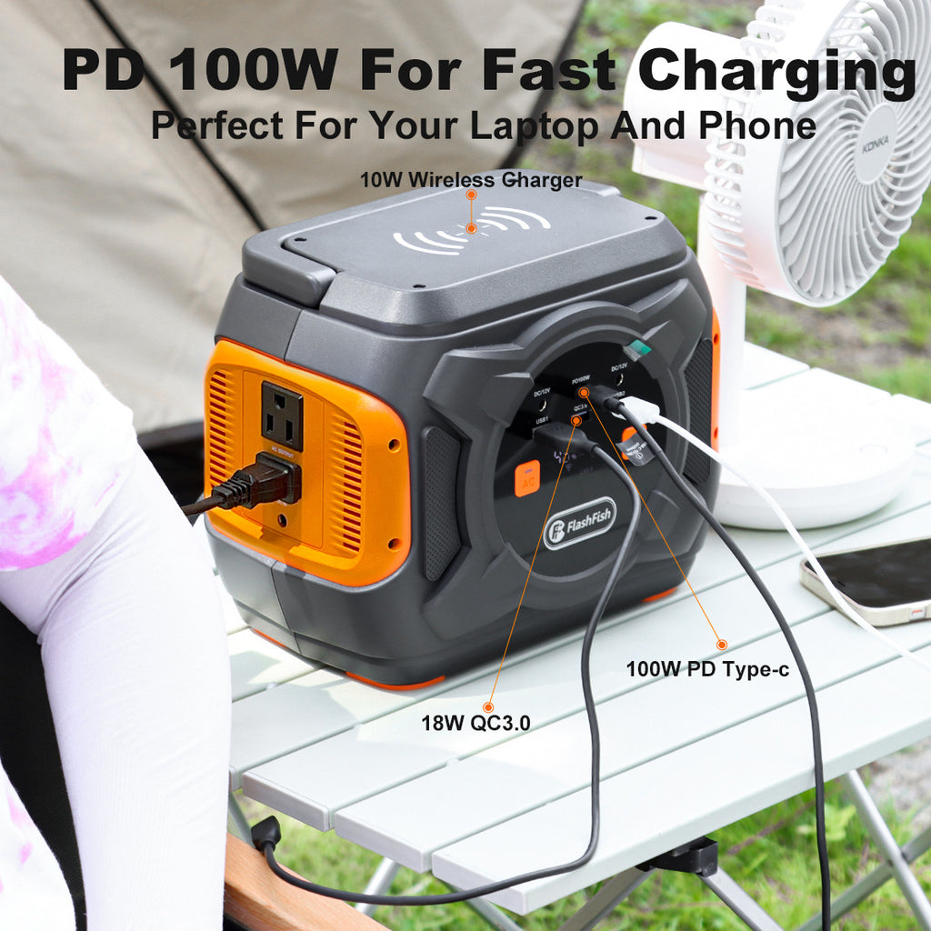 320W Portable Power Station;  Flashfish 292Wh 80000mAh Solar Generator Backup Power With AC/DC/100W PD Type-c/QC3.0/Wireless Charger /Flashlight;  CPAP Battery Pack Emergency Power Supply