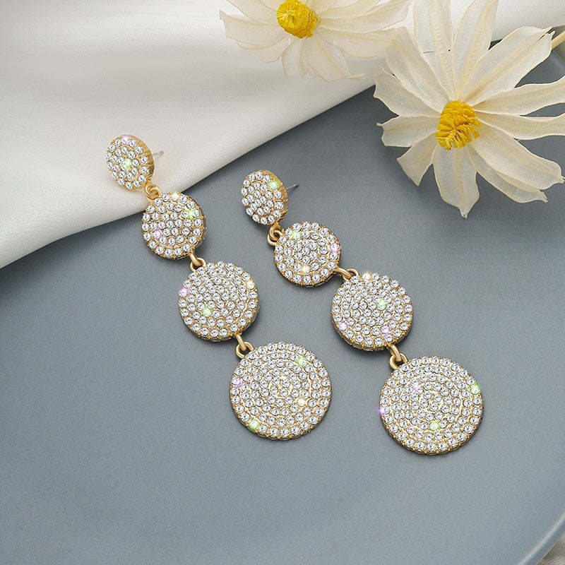 Four Round Full Rhinestone Drop Earrings for Women Big