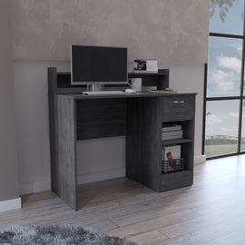 DEPOT E-SHOP Vera Computer Desk with Top Open Shelf, 1-Drawer and 2-Storage Shelves, Smokey Oak