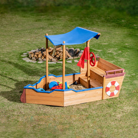 Outsunny Pirate Ship Sandbox with Cover and Rudder, Wooden Sandbox with Storage Bench and Seat, Outdoor Toy for Kids Ages 3-8 Years Old