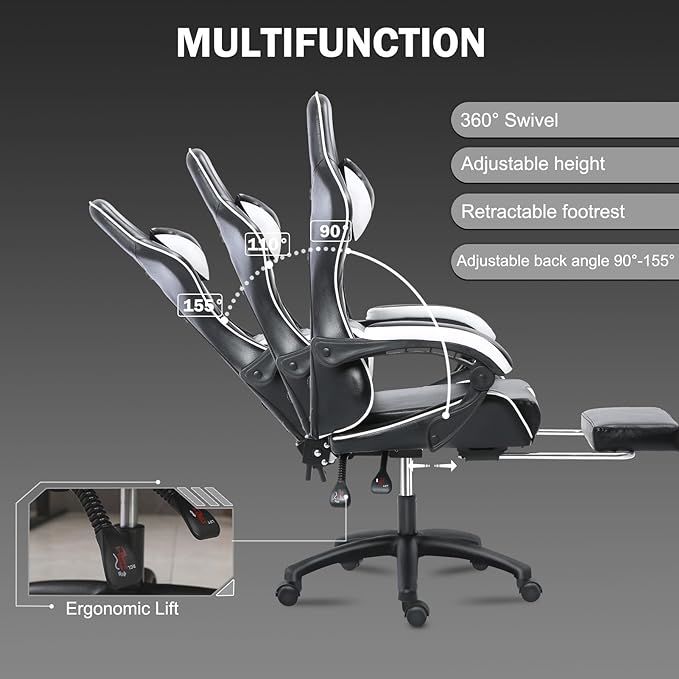 Ergonomic Gaming Chair for Adults, Comfortable Computer Chair for Heavy People, Adjustable Height Office Desk Chair with Wheels, Breathable Leather Video Game Chairs