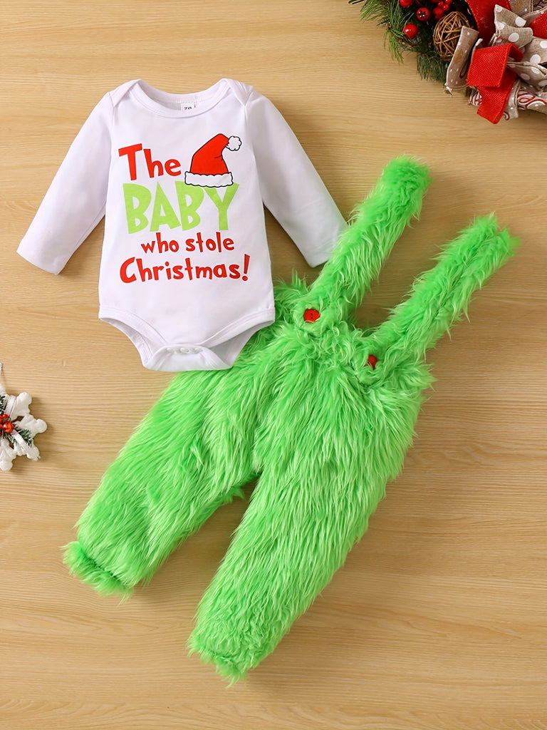 Adorable Baby Christmas Outfit - Funny Graphic Crew Neck Long Sleeve Romper + Green Fuzzy Suspender Pants Clothes Set