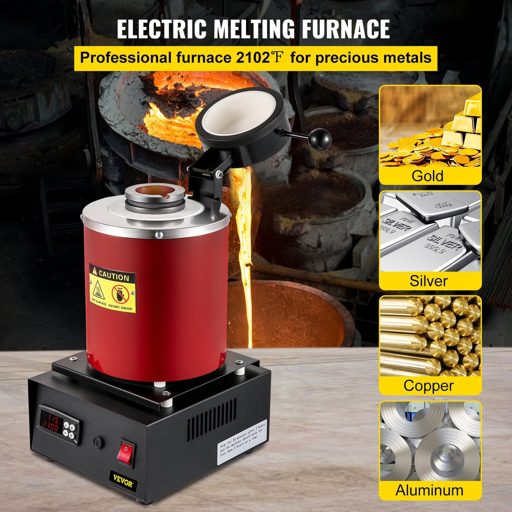 VEVOR Electric Melting Furnace, 3KG Digital Electric Melting Furnace, 1750W 1150 degrees Celsius/2102 degree Fahrenheit Gold Smelter Furnace W/ 1KG&3KG Graphite Crucible & Ingot Die