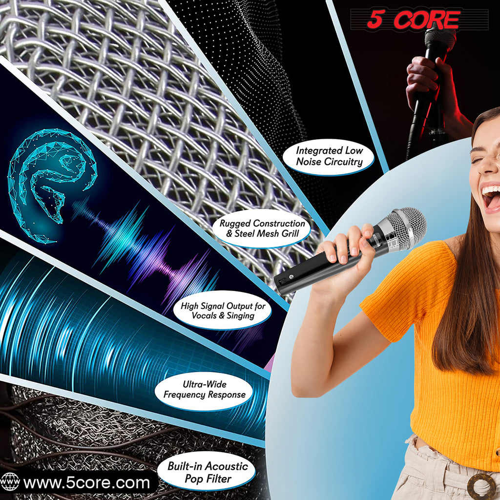 5 Core Premium Handheld Microphone Unidirectional Vocal Dynamic Cardioid Mic W Detachable 10ft XLR Cable Mic Clip Mesh Grille & ON/Off Switch Suited for Speakers Amp Mixers Karaoke Singing- PM100