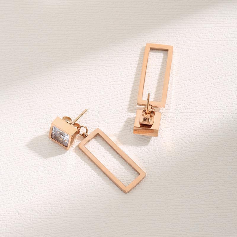 Japan and South Korea simple rhinestone rectangular pendant female new titanium steel earrings earrings personality temperament earrings with ear jewelry