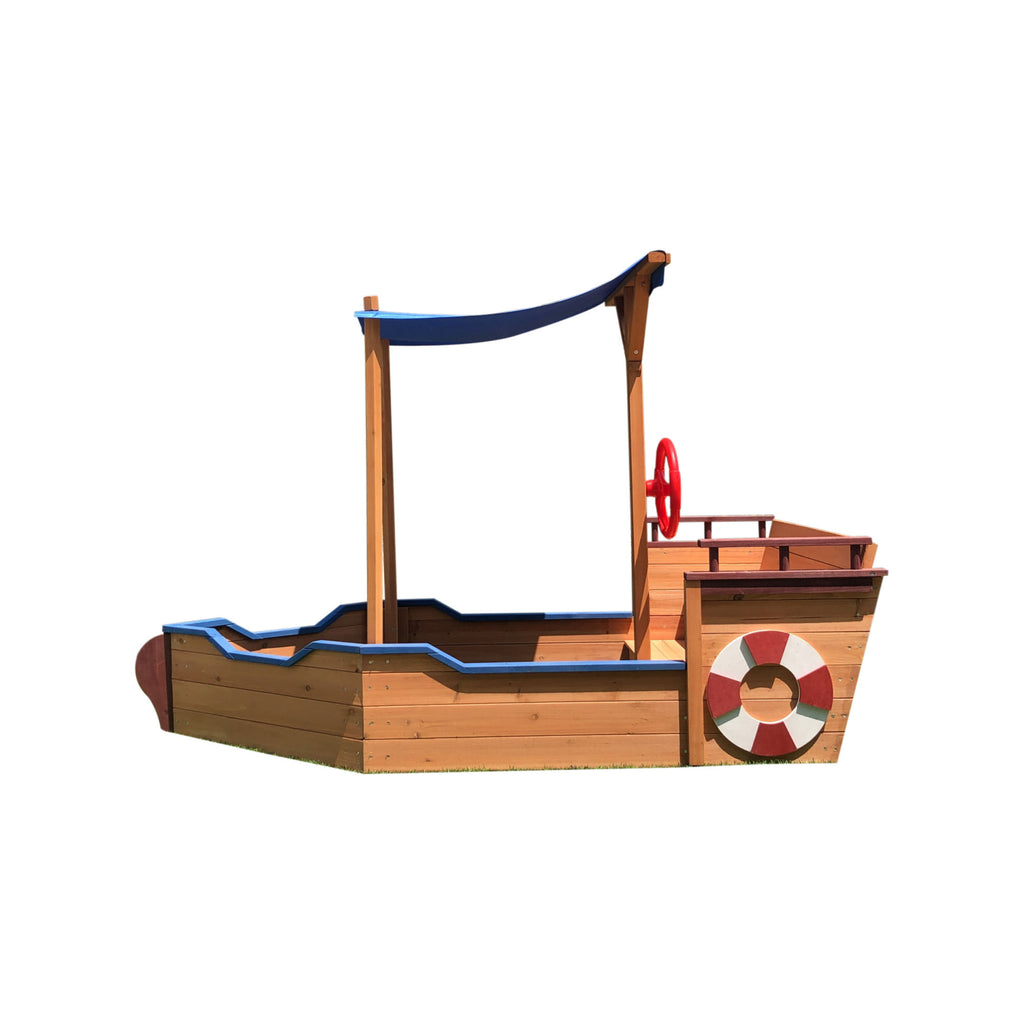 Outsunny Pirate Ship Sandbox with Cover and Rudder, Wooden Sandbox with Storage Bench and Seat, Outdoor Toy for Kids Ages 3-8 Years Old