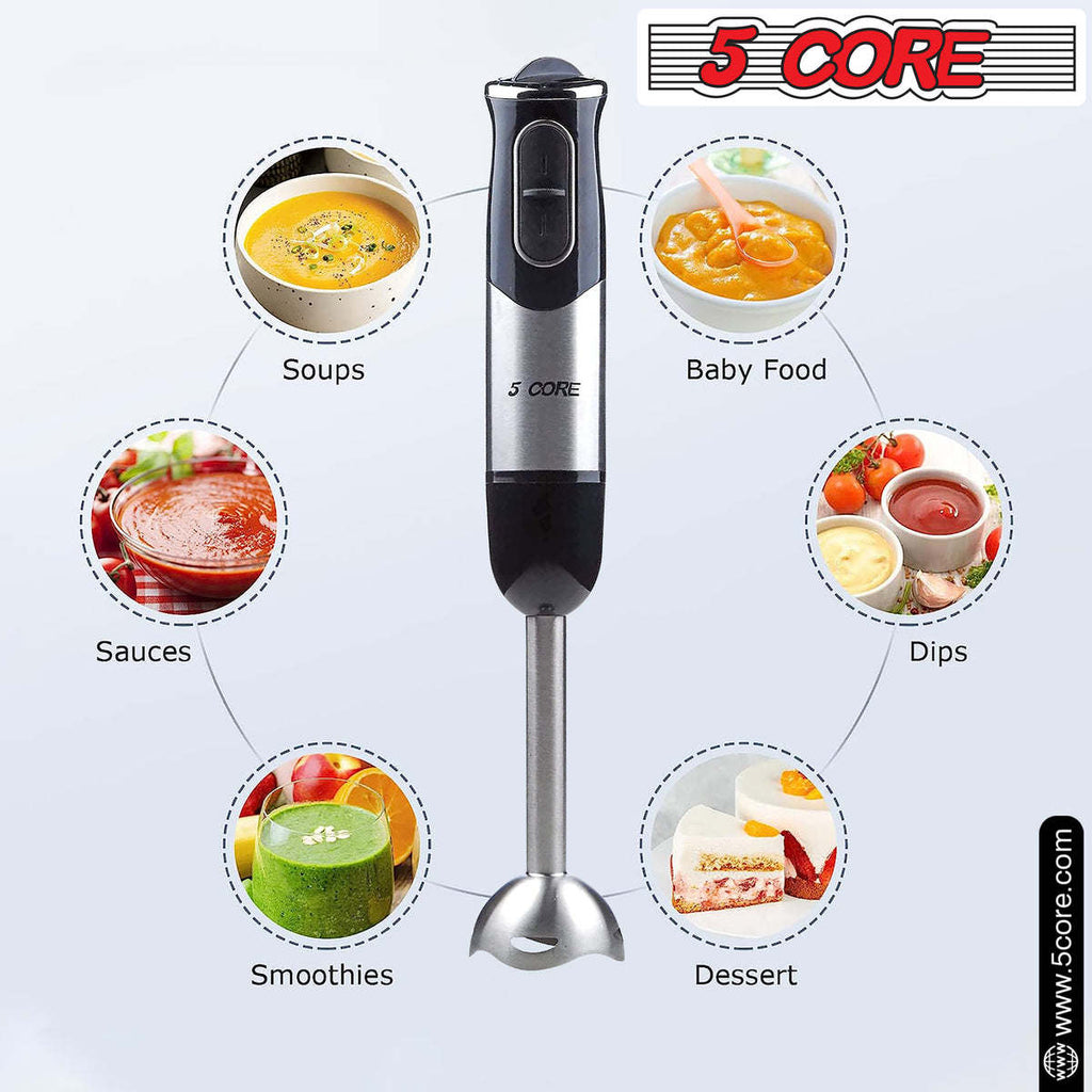 5 Core Handheld Blender, Electric Hand Blender 8-Speed 500W, Immersion Hand Held Blender Stick with Food Grade Stainless Steel Blades for Perfect Smoothies, Puree Baby Food & Soup - HB 1510