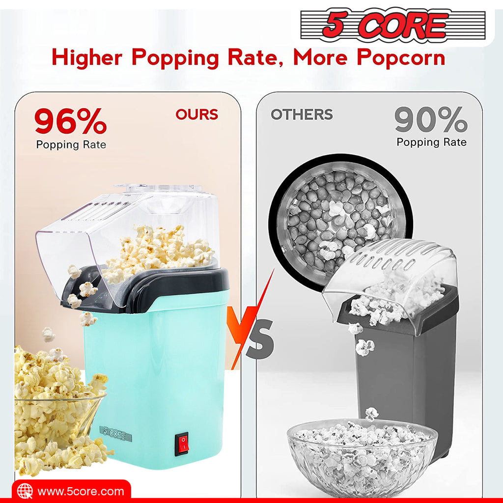 5 Core Hot Air Popcorn Popper Machine 1200W Electric Popcorn Kernel Corn Maker Bpa Free, 95% Popping Rate, 2 Minutes Fast, No Oil-Healthy Snack for Kids Adults, Home, Party, Gift POP