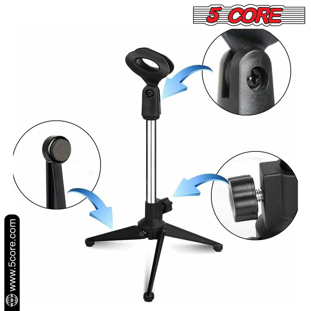 5 Core Desk Mic Stand • Height Adjustable Table Tripod • Portable Desktop Microphone Stand • Includes Universal Mic Holder • Compatible w Dynamic Handheld Microphones- MS MINI TRI CH