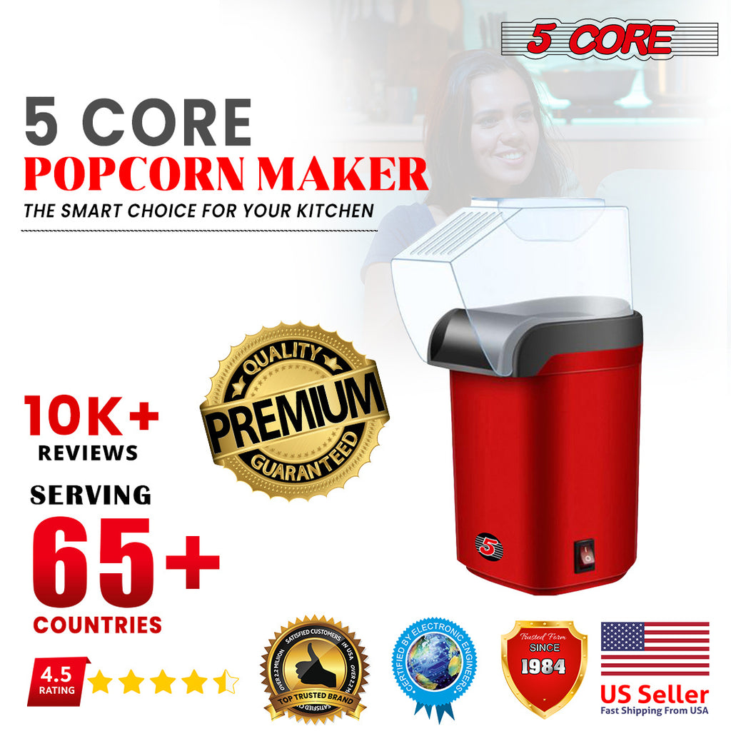 5 Core Hot Air Popcorn Popper Machine 1200W Electric Popcorn Kernel Corn Maker Bpa Free, 95% Popping Rate, 2 Minutes Fast, No Oil-Healthy Snack for Kids Adults, Home, Party, Gift POP