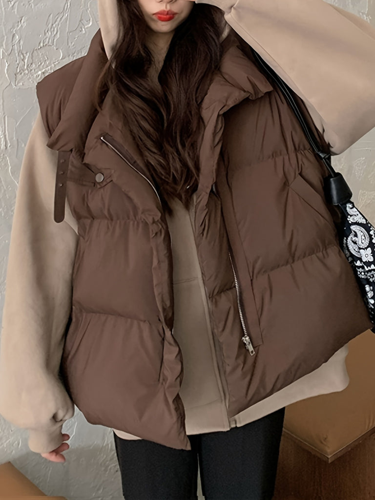 Winter Lapel Puffer Vest , Casual Pocket Fashion Loose Puffer Vest, Women's Clothing