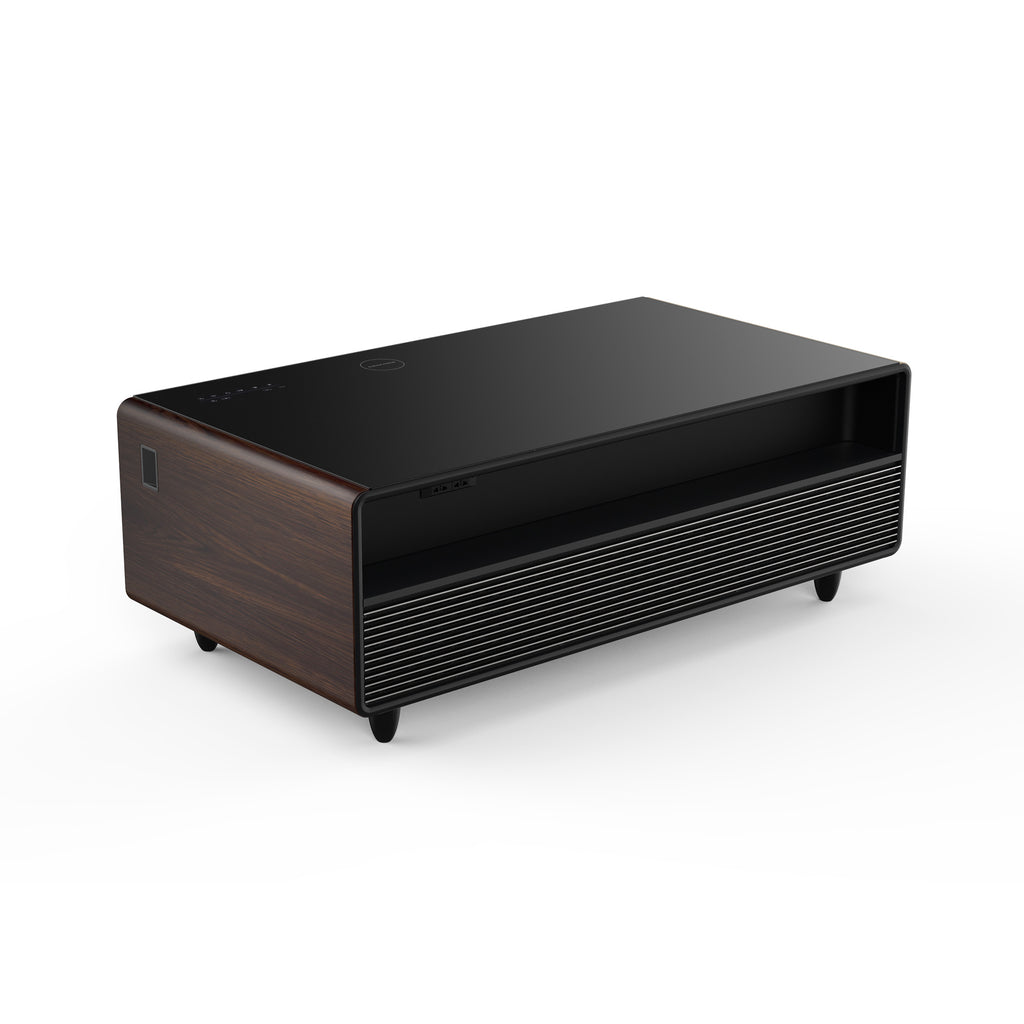 Modern Smart Coffee Table with Built-in Fridge, Bluetooth Speaker, Wireless Charging, Touch Control Panel, Power Socket, USB Interface, Outlet Protection, Atmosphere light