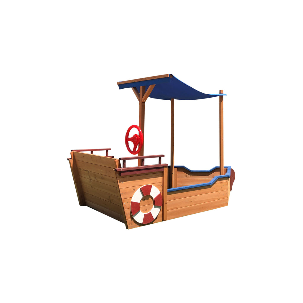 Outsunny Pirate Ship Sandbox with Cover and Rudder, Wooden Sandbox with Storage Bench and Seat, Outdoor Toy for Kids Ages 3-8 Years Old