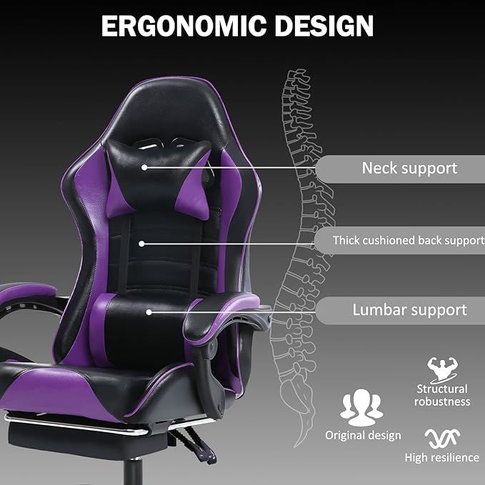 Ergonomic Gaming Chair for Adults, Comfortable Computer Chair for Heavy People, Adjustable Height Office Desk Chair with Wheels, Breathable Leather Video Game Chairs