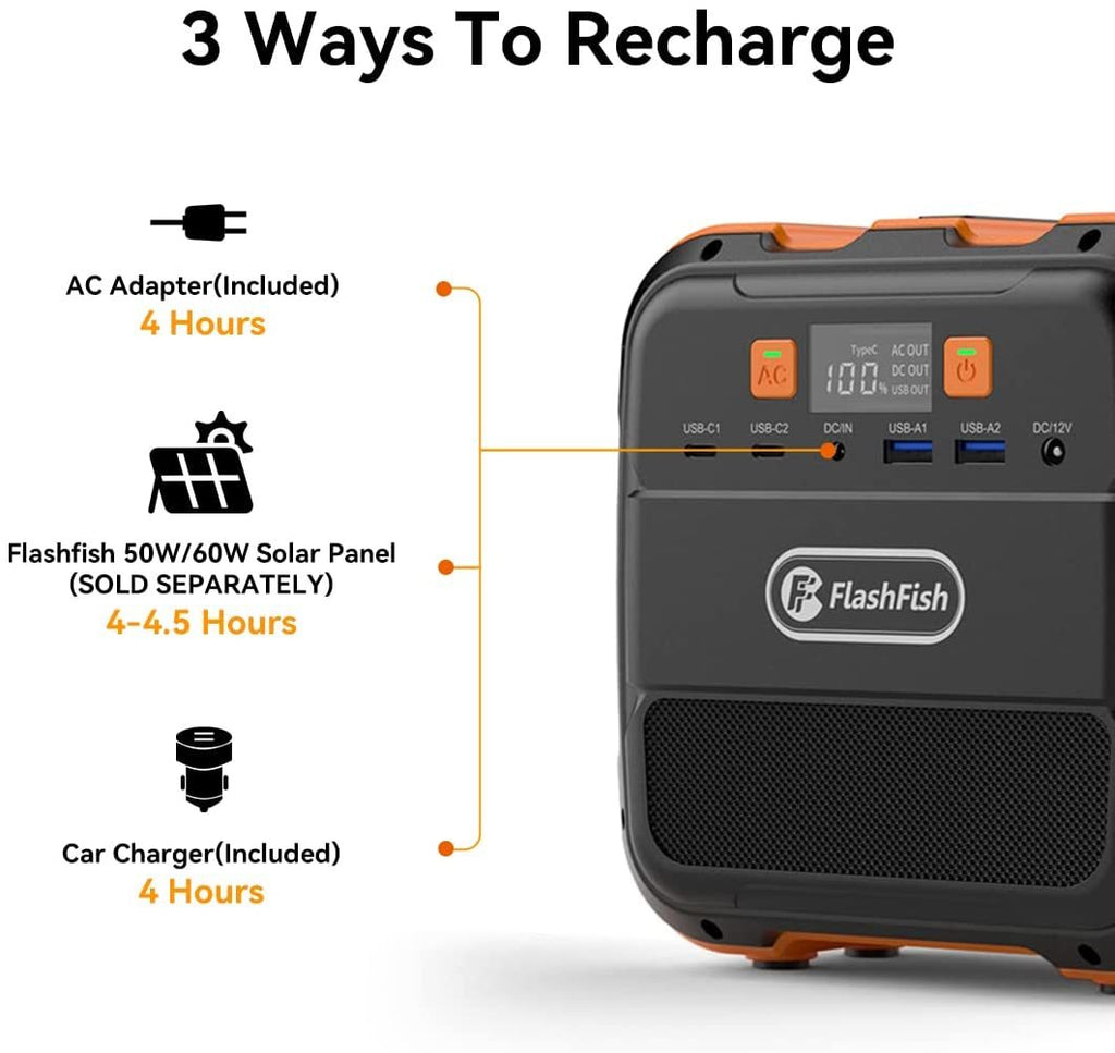 Flashfish 120W Portable Power Station, 98Wh/26400mAh Solar Generator Backup Power Battery Pack With AC/DC/Type-c/USB/Flashlight, 110V Power Bank For Charging Laptop Phone Tablet In Camping RV Van Trip